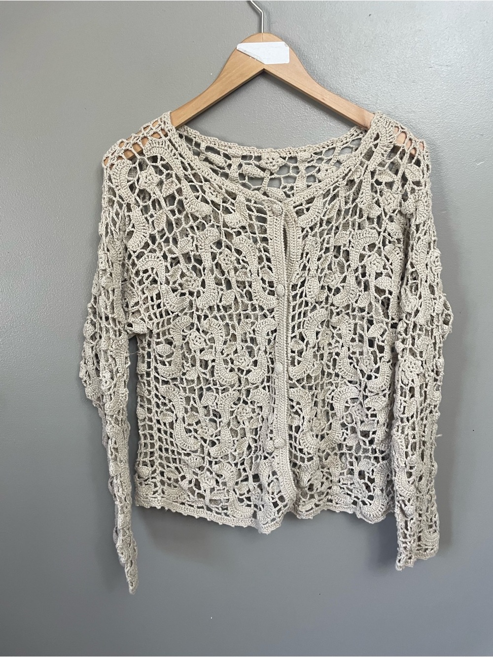 Crochet Open knit Women's small sweater caridgan Cream boho festival fairy Gypsy